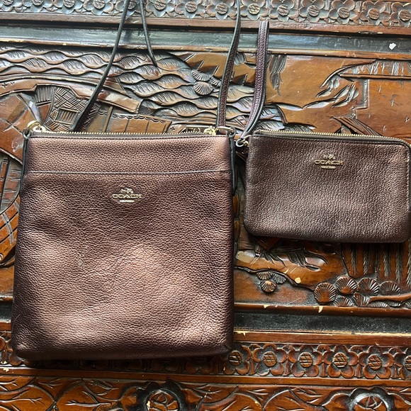 Coach Bags Coach Bronze Crossbody With Matching Double Zip Wristlet